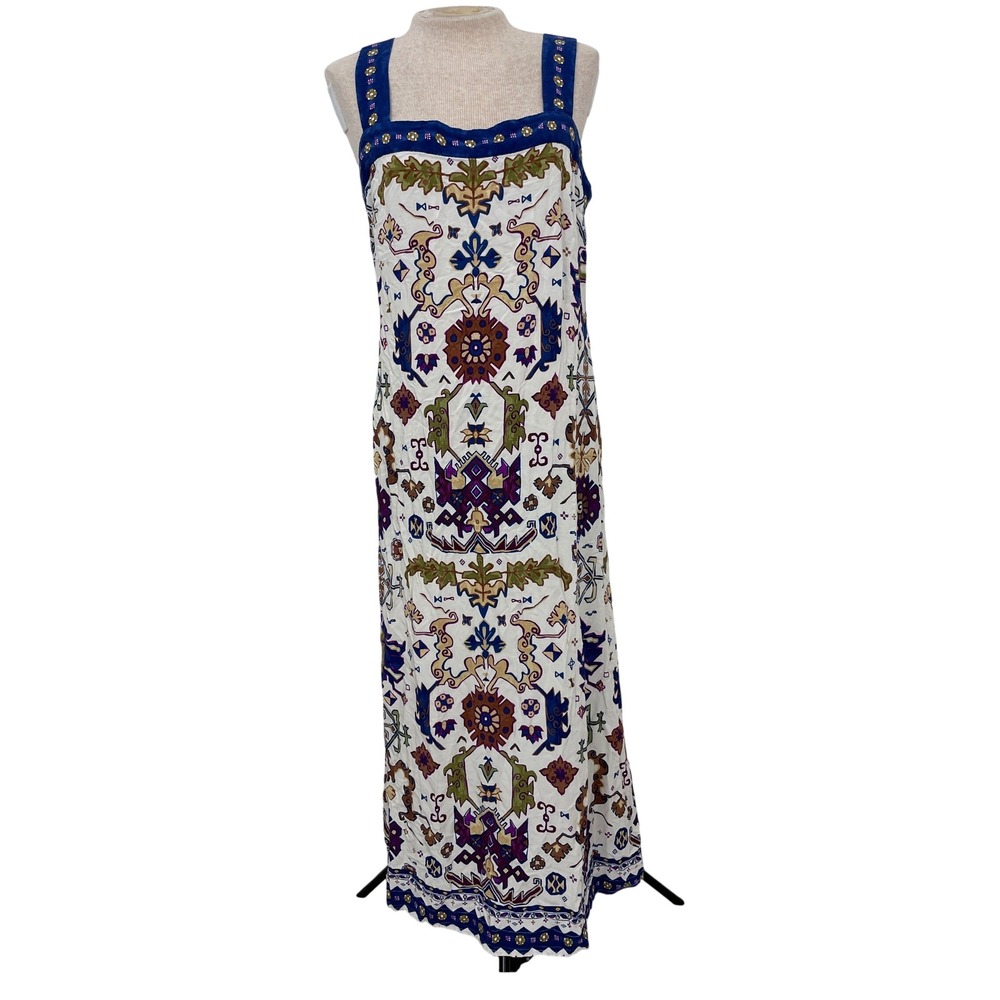 Vince Camuto Women Blue Geometric Print Smocked Back Maxi Dress L